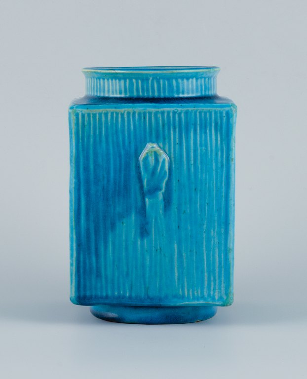 Svend Hammershøi for Kähler, ceramic vase with turquoise glaze in grooved 
design.