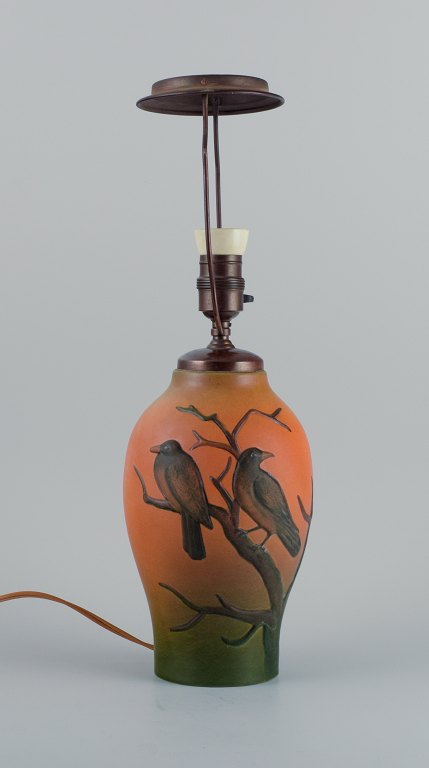 Ipsens, Denmark, table lamp with motif of birds. Glaze in orange-green tones.