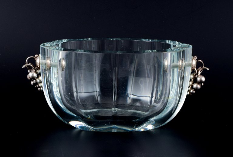 Danish glass artist, bowl in clear glass with handle in the shape of grapes in 
sterling silver.