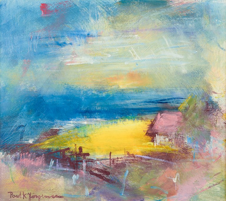Poul K. Jörgensen, listed Swedish artist, oil on board.”Landskap m. raps” (Landscape with rapeseed).