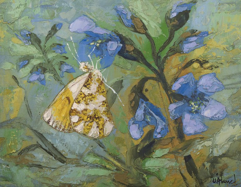 Ulf Ålund (born 1948), Swedish artist, oil on canvas.Aurora butterfly in a flower landscape.