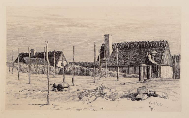 Carl Bloch (1834–1890). Etching of a seated fisherman with thatched houses in the background.
