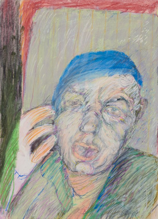 Hans Christian Rylander (1939-2021) Listed Danish artist.Colored pencil on paper.Portrait of a man in an expressionist style. Colorful palette.