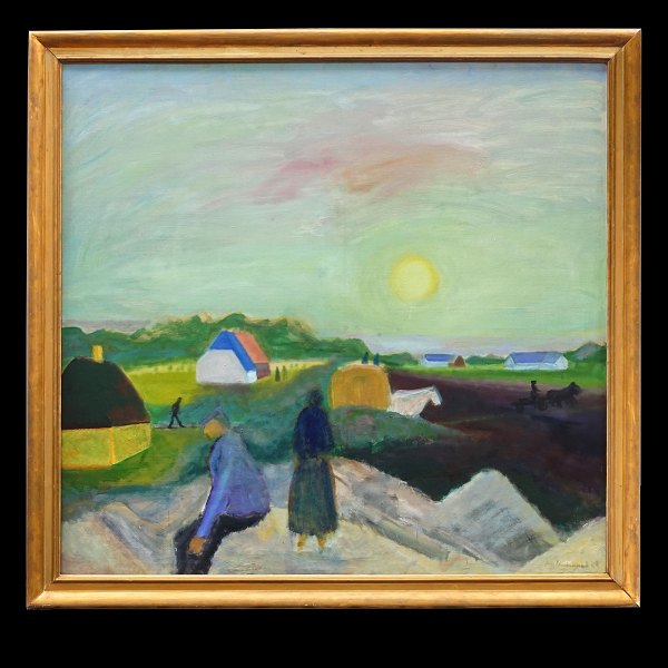 Jens Søndergaard, Denmark, 1895-1957, oil on canvas. "Landscape with dunes and 
sunshine". Signed and dated 1948. Visible size: 130x139cm. With frame: 147x155cm