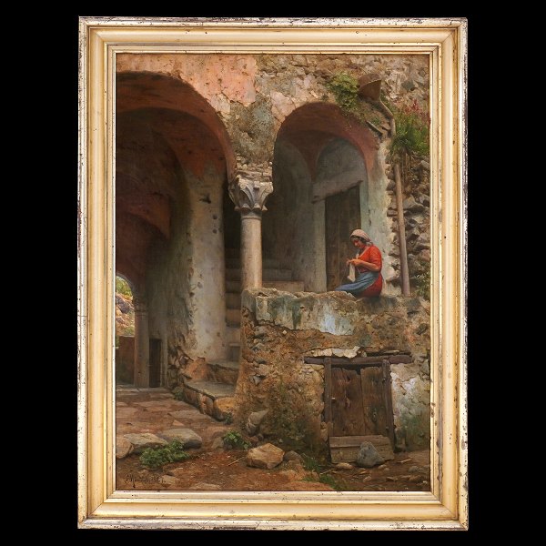 Peder Mønsted maleri. Peder Mønsted, 1859-1941, olie på lærred. Parti fra 
Ravello, Italien, signeret og dateret 1927. Betegnet "Trappeopgang i en gammel 
Gaard - Ravello". Lysmål: 99x69cm. Med ramme: 114x84cm