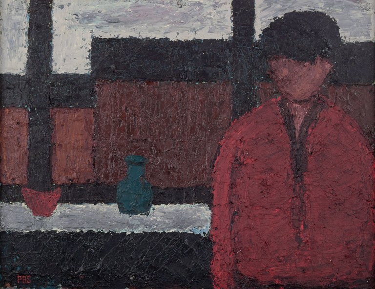 Peder Brøndum Sørensen (1931-2003), Danish painter, oil on board.Modernist motif of figure and buildings.