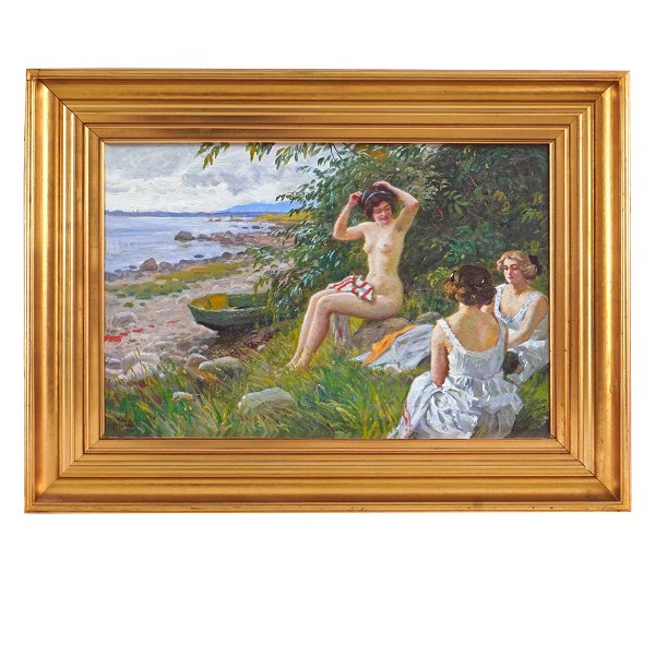 Paul Fischer, 1860-1934, drei Mädchen am Strand. Öl auf Leinen. Signiert. 
Lichtmasse: 42x62cm. Mit Rahmen: 62x82cm