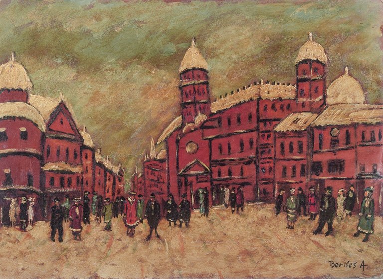 Unknown European artist.Oil on cardboard.Snow-covered cityscape with people in the foreground.