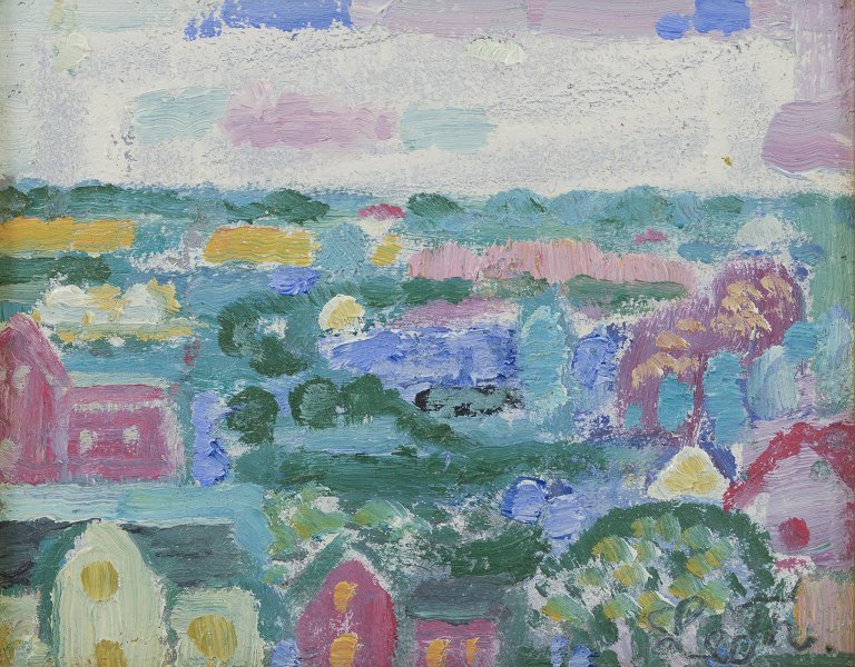 Leo Thellefsen (1909 - 1997), olie på plade. Modernistisk landskab.