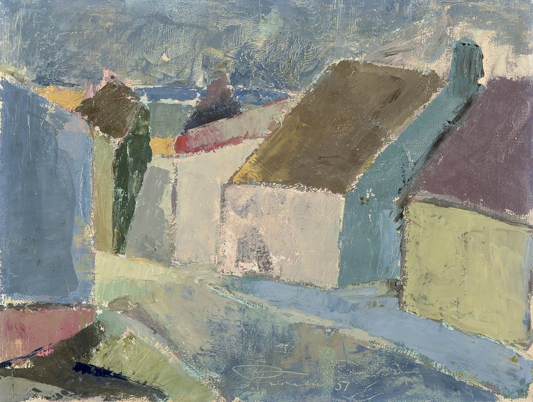 Pierre Forssell (1925-2004), listed Swedish designer and painter.Oil on canvas.Modernist landscape with houses.