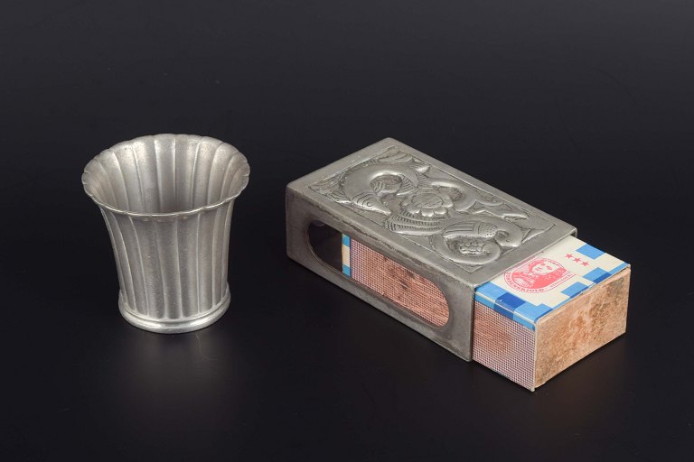 Just AndersenVase model 2352 and matchbox holder in pewter, 1930s–40s.