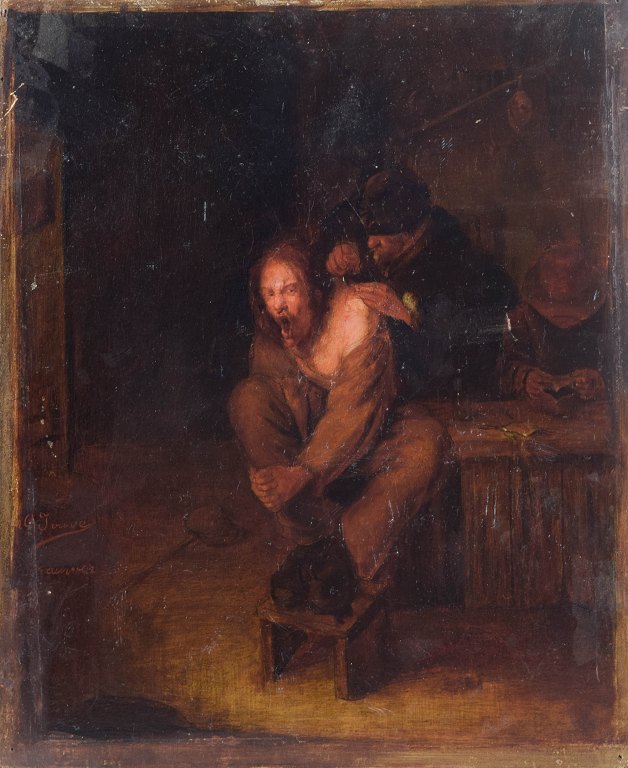 G. Jouve (18th century)
École Nord, France
Torture / interrogation scene in dark interior.
Oil on wooden panel.