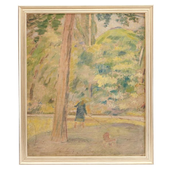 Harald Gierisng, 1881-1927, oil on plate. Woman in a garden 1908. Signed. Visible size: 74x60cm. With frame: 82x68cm