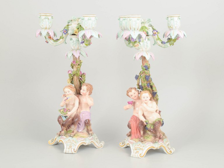 Meissen, pair of three-light candlesticks.