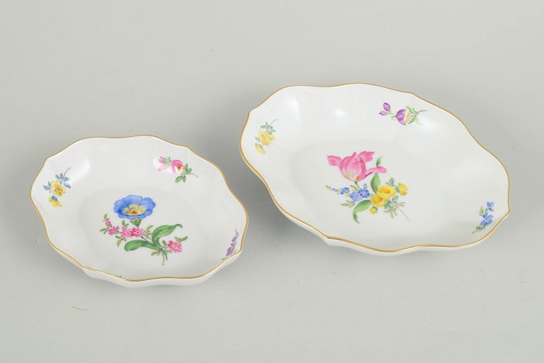 Meissen, set of two dishes with polychrome flower decoration.