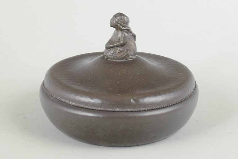 Chr. R. Kunst tin, lidded bowl with figural finial.