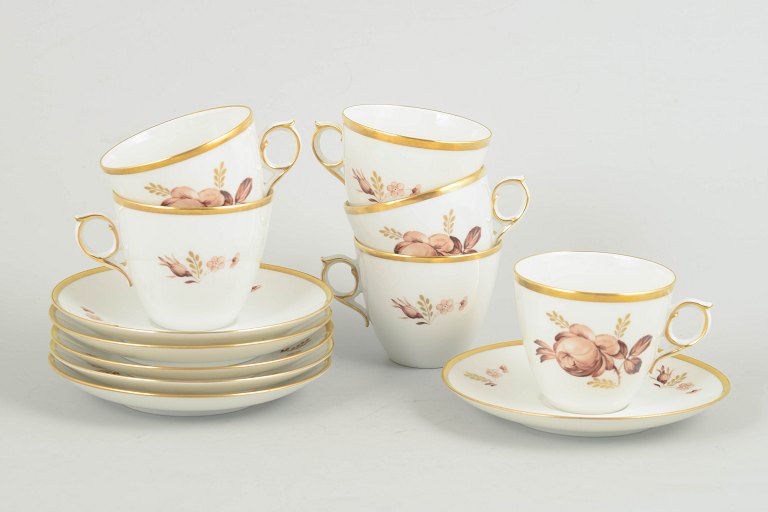 Royal Copenhagen brown rose, set of six coffee cups with saucers.