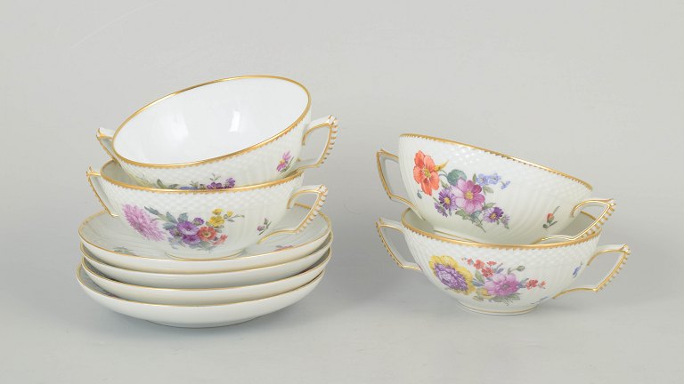 Royal Copenhagen Saxon flower, set of four bouillon cups with saucers.