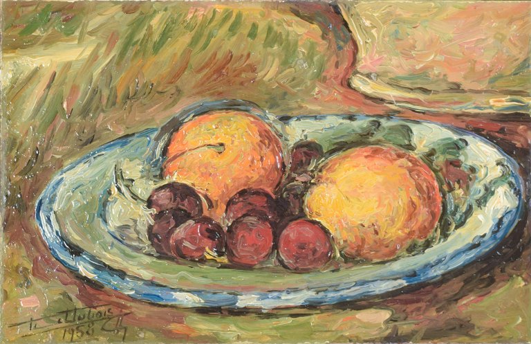 French artist, oil on board, signed illegibly, 1958.